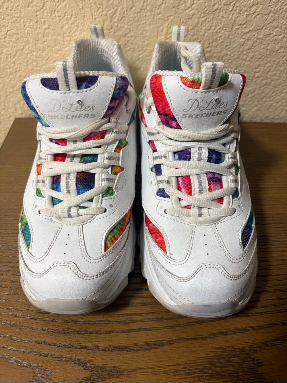 Skechers women’s White Sneakers with Rainbow Tie-Dye Accents